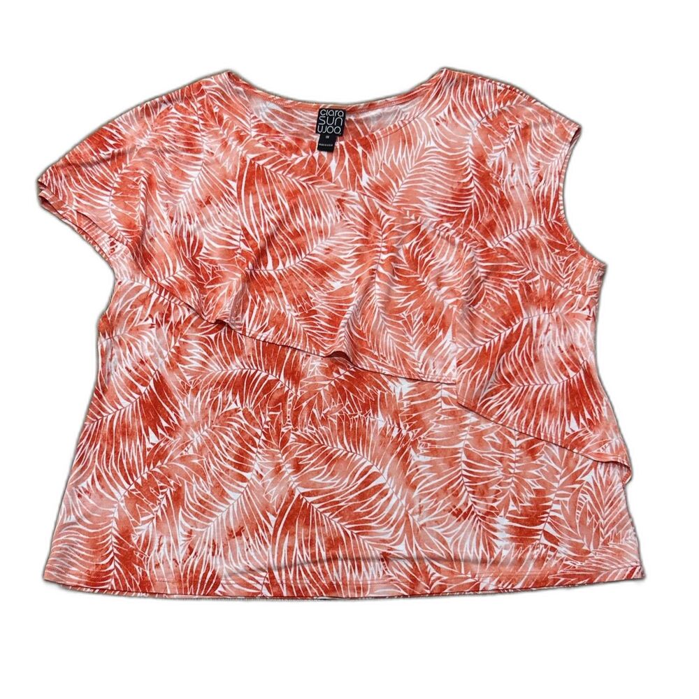 Clara Sun Woo Top Womens 1X Red Orange Leaves Blouse USA Sleeveless Ruffle